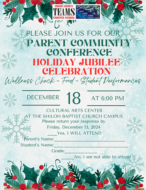 Please join us for our Parent Community Conference holiday Jubilee Celebration December 18th at 6:00pm